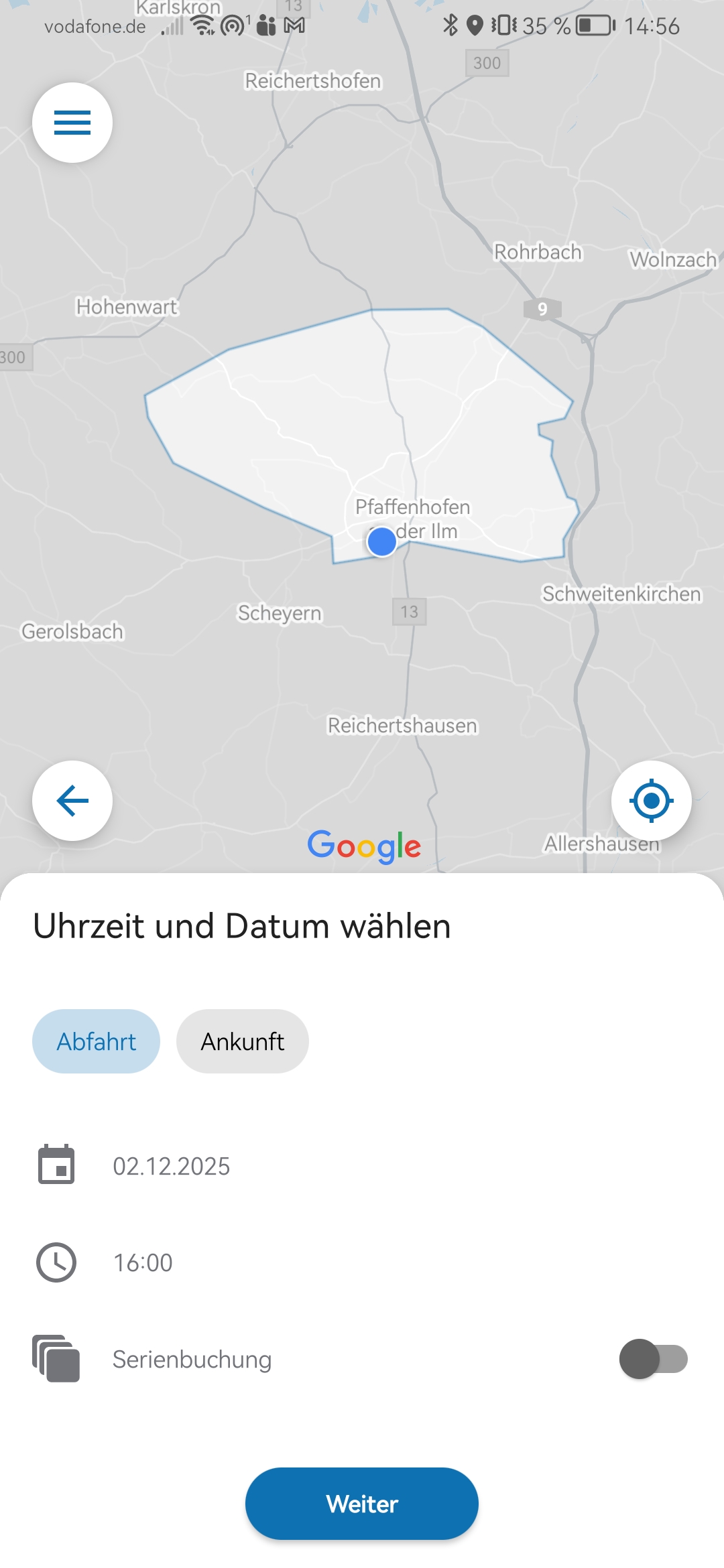Screenshot der neuen Expressbus Pfaffenhofen 2.0 App