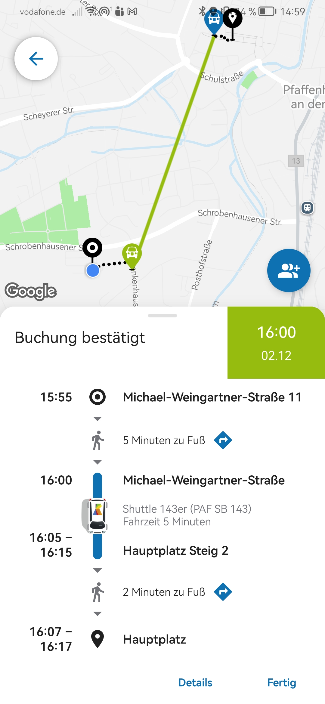 Screenshot der neuen Expressbus Pfaffenhofen 2.0 App